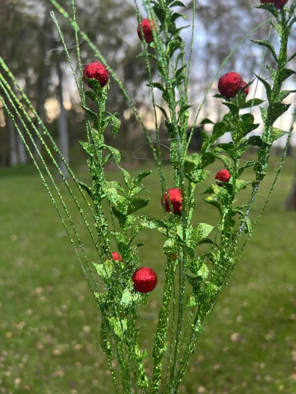 David Christopher Glittered Boxwood Berry Grass Spray Stem Christmas Pick